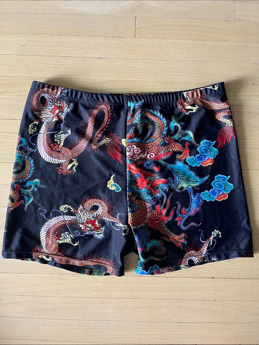 Black Dragon-Print Men's Square-cut Stretch Swim Trunks { Fit 33/34/35 waist }